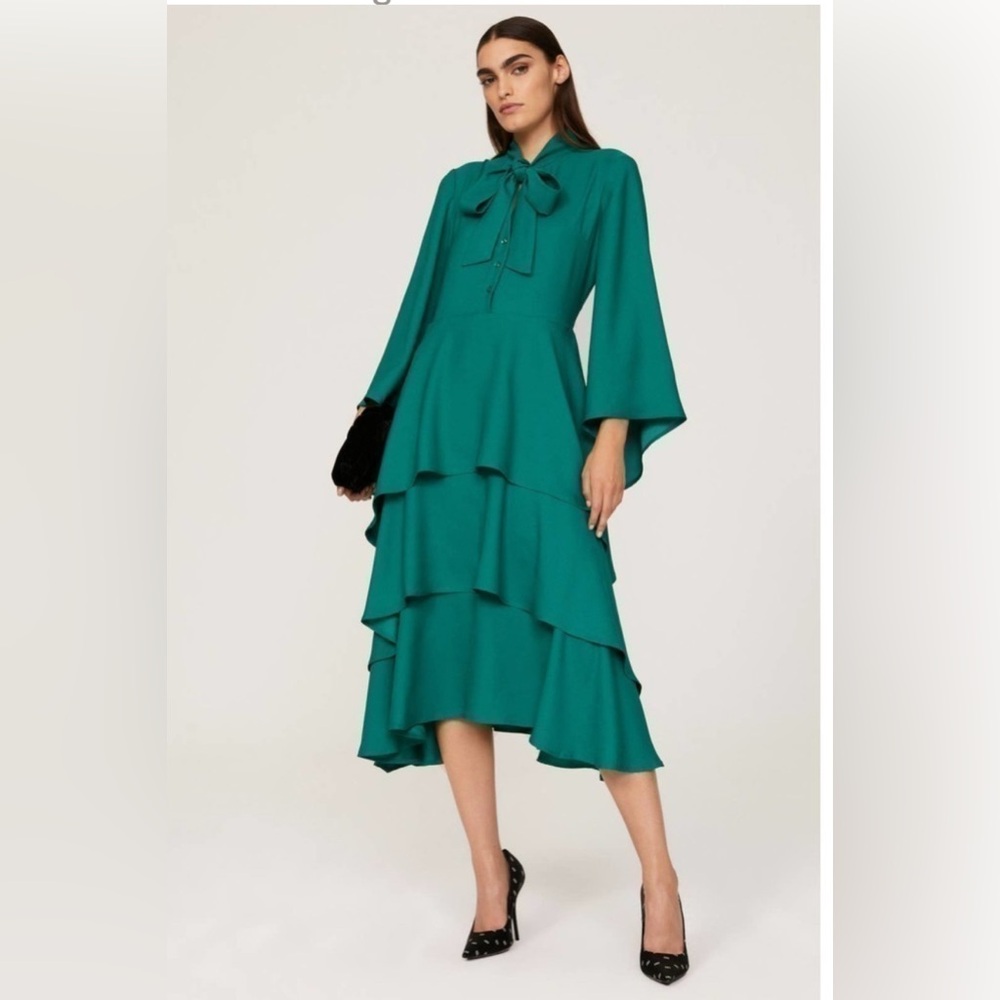 Osnan Yousefzada RTR Green Tie Neck Ruffle Dress, Size 8